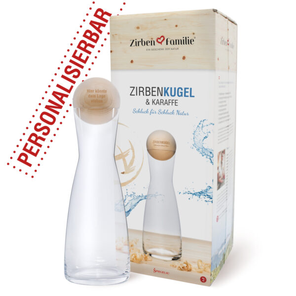ZirbenFamilie ZirbenKugel Set personalisierbar mit Wunschgravur - WasserKaraffe 1 Liter mit ZirbenKugel und Verpackung
