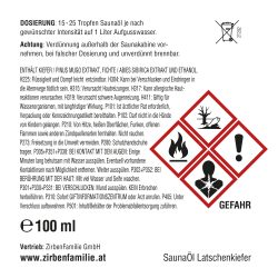 Saunaöl mit Duft nach Latschenkiefer Etikett mit Gefahrenhinweisen